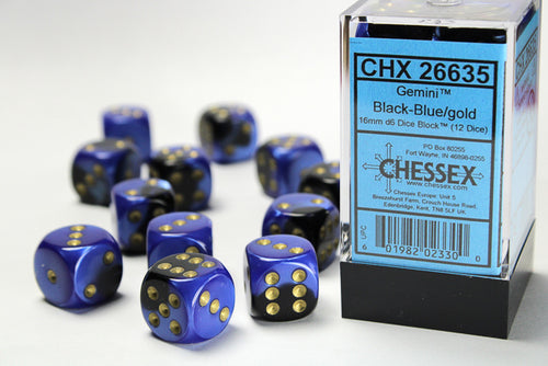 Gemini® 16mm d6 Black-Blue/gold Dice Block™ (12 dice)