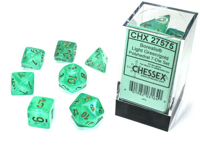 Chessex: Borealis® Polyhedral Light Green/gold Luminary™ 7-Die Set