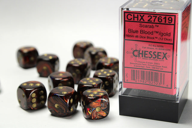 Chessex: Scarab® 16mm d6 Blue Blood™/gold Dice Block™ (12 dice)