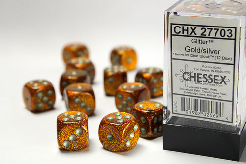 Glitter 16mm d6 Gold/silver Dice Block™ (12 dice)