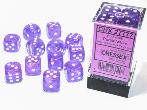 Chessex: Borealis® 16mm d6 Purple/white Luminary™ Dice Block™ (12 dice)