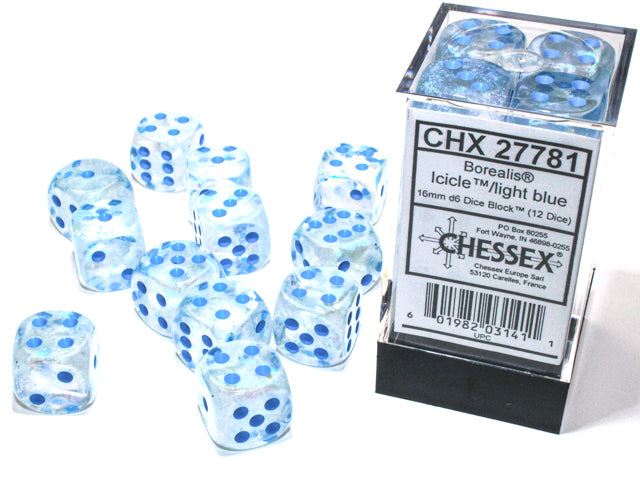 Chessex: Borealis® 16mm d6 Icicle™/light blue Luminary™ Dice Block™ (12 dice)